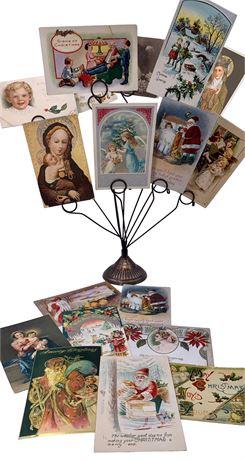 18 Antique Christmas Postcards & Metal Card Holder, Display Rack