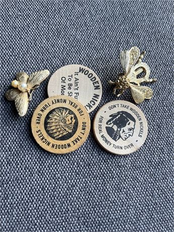 Butterfly brooches and wooden nickels lot
