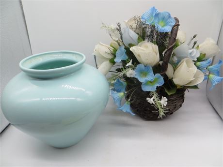 Large Ceramic Vase & Basket w/Flowers