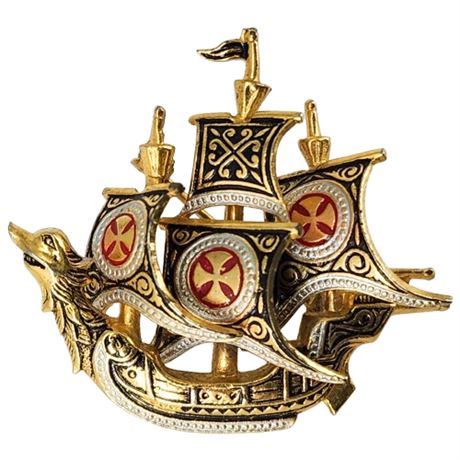 Vintage Spanish Damascene Style Enamel Ship Brooch
