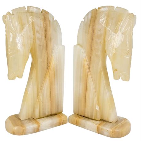Pair Vintage Marble Onyx Horse Head Bookends