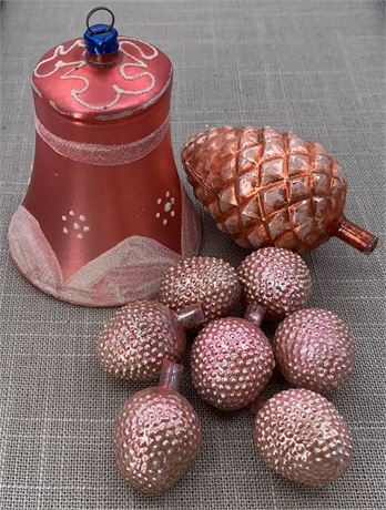 9 pc Early Mercury Glass Salmon Pink Pinecone, Berry & W Germany Bell Ornaments