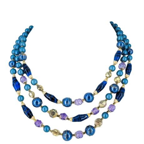 Vintage Triple Strand Blue and Gold Beaded Necklace