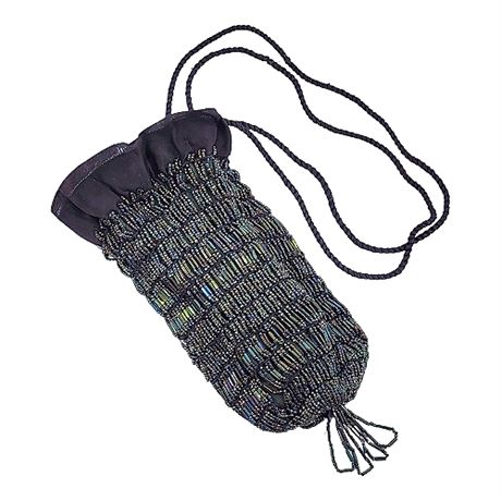 1920s Green Oilslick Beaded Tassel Flapper Drawstring Purse