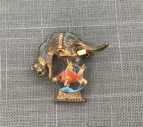 Charming Mischievous Cat on a Fish Bowl Costume Brooch