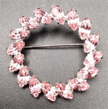 Signed pink rhinestone wreath brooch