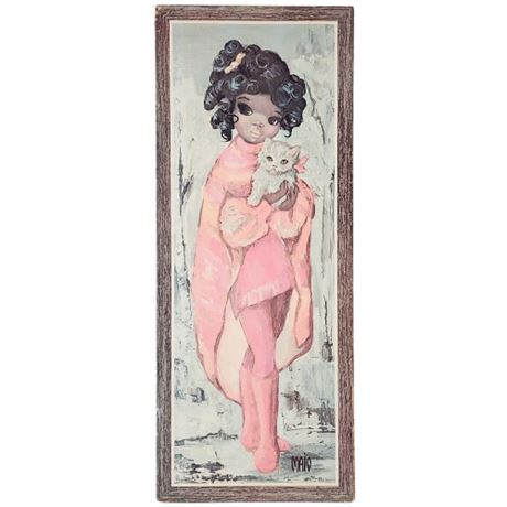 Vintage Maio Big Eyed Black Girl w/ Kitten Litho on Cork Print