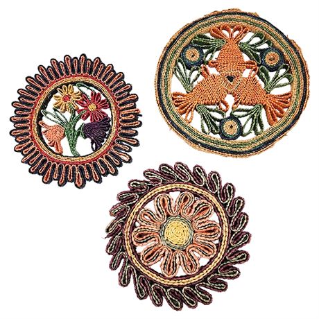 Three Vintage Colorful Woven Raffia Trivets