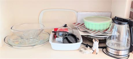 Kitchen Shelf Lot Buyout Glass dishes, cat figurines and more!