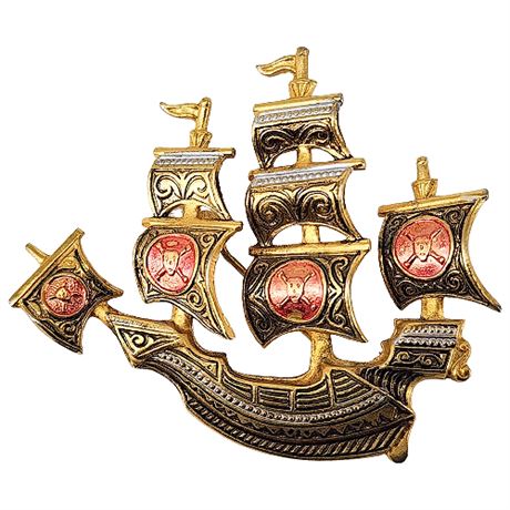 Spanish Damascene Pirate Ship Brooch