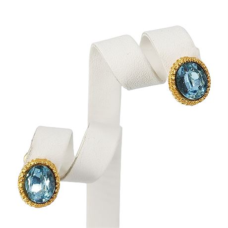 Signed Crown Trifari Blue Oval Rhinestone Clip Earrings