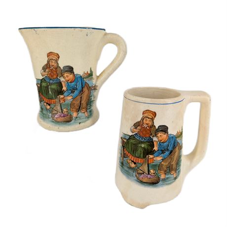 Antique Roseville Creamware Pottery Dutch Boy and Girl Mugs