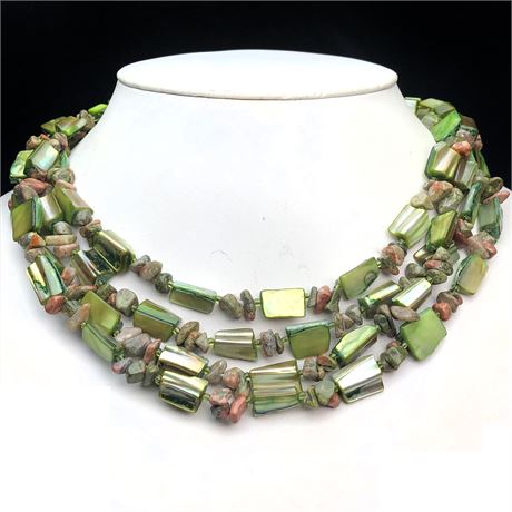 Vintage Multi-Strand Green Shell & Genuine Stone Beaded Necklace