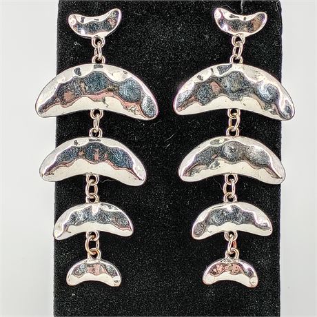 Modernist Silver-Tone Tiered Statement Earrings, Polished Hammered Look
