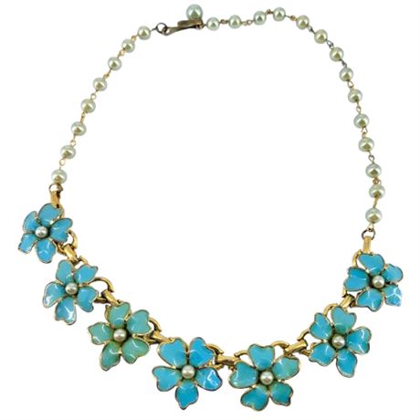 Vintage Blue Floral Faux Pearl Necklace