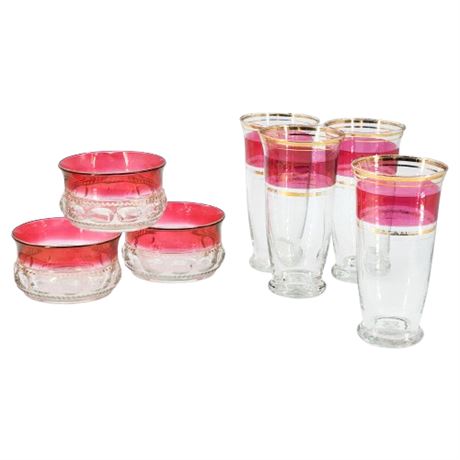 Vintage Ruby Flashed Glasses & King's Crown Finger Bowls Lot