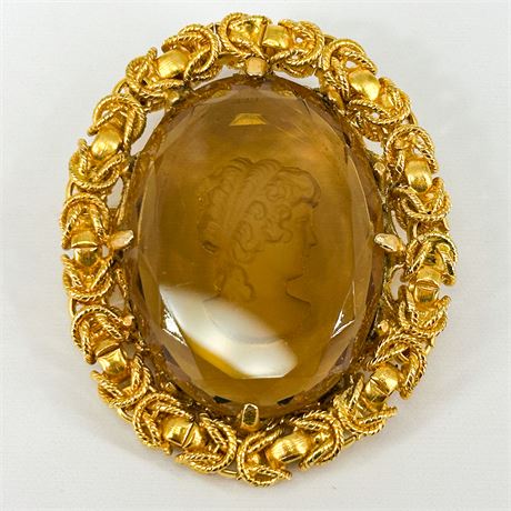 Vintage Gold-Tone Intaglio Amber Glass Cameo Brooch