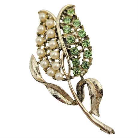 Vintage Silver Tone Green Rhinestone and Faux Pearl Tulip Brooch