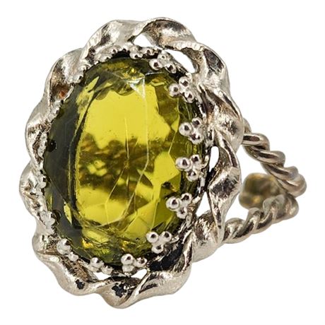 Vintage West German Olive Green Open Back Rhinestone Adjustable Ring