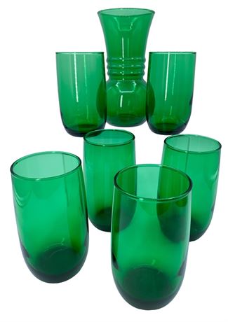 7 pc Anchor Hocking Depression Glass Forest Green Glass & Carafe Set