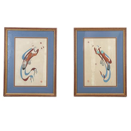 Pair of Vintage Chinese Dunhuang Gouache Paintings of Flying Spirits