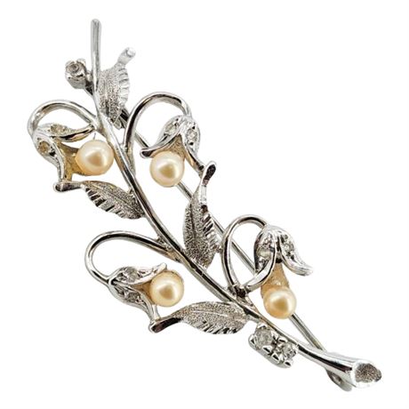 Vintage Sterling Silver Faux Pearl & Rhinestone Floral Sprig Brooch