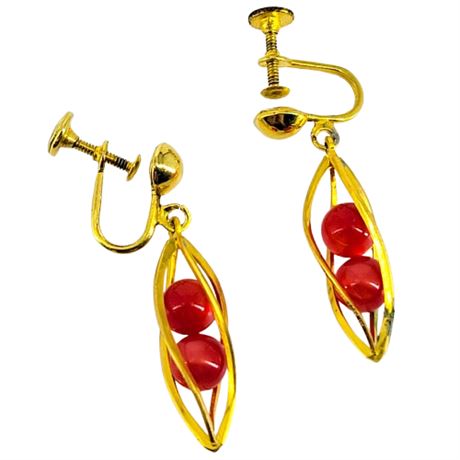 Vintage Gold Tone and Red Bead Swirl Screw-Back Earrings