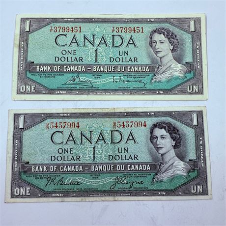 2x 1954 Canadian $1 Notes