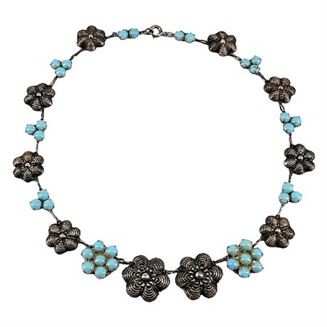 1930s Fishel Nessler Silver Tone Blue Glass Flower Choker Necklace