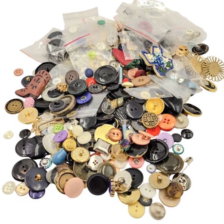Large Miscellaneous Lot Including Buttons, Button Covers, Belt Buckles, Etc