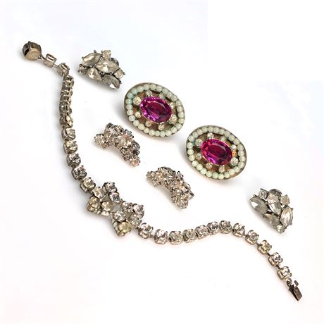 Vintage Fiery Magenta Pink Rhinestone Earrings & Bow Tie Rhinestone Bracelet