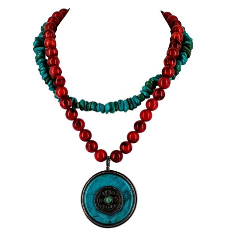 Statement Costume Jewelry Necklace with Turquoise-Tone Pendant & Red Beads