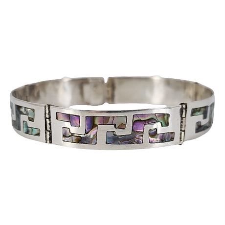 Signed Hinged Sterling Silver Abalone Inlaid Bracelet