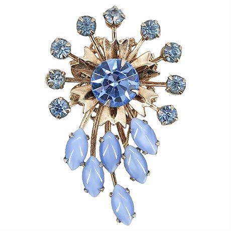 Vtg Prong Set Ice Blue Moonglow & Rhinestone/Navette Spray Brooch
