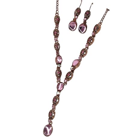 Vintage AVON Y-Drop Pink Cabochon Necklace & Earring Set