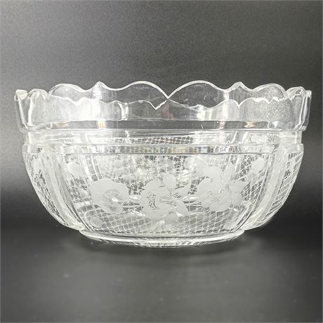 Vintage Cut and Etched Glass Serving Bowl – Floral and Crosshatch Design