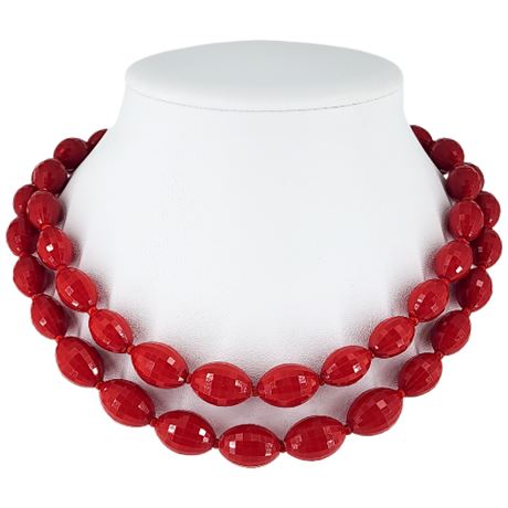 Vintage 2-Strand Faceted Red Lucite Beaded Necklace