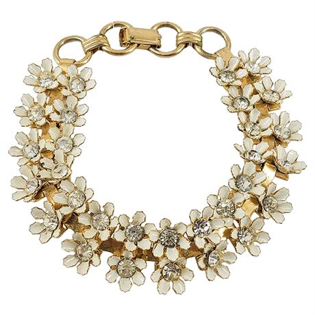 Vintage CORO Gold Tone Enamel & Rhinestone Flowers Bracelet