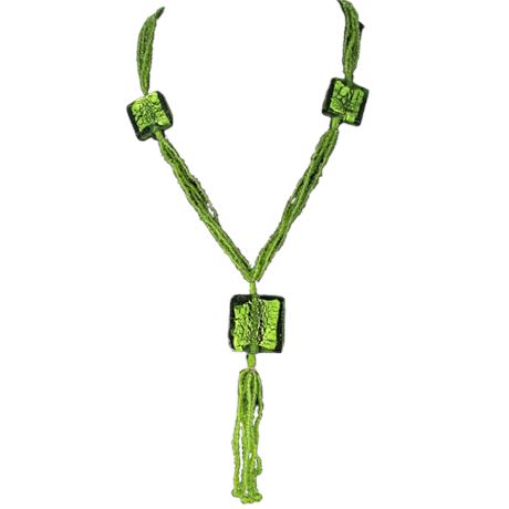 5-Strand Seed Bead Vivid Green Glass Necklace with Tassel