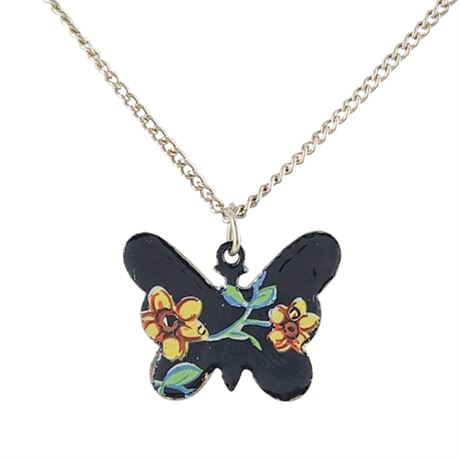Vintage Floral Enamel Butterfly Pendant Necklace