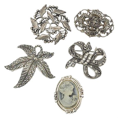 Five Vintage Silver Tone Brooches, Some Marked