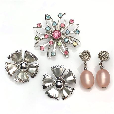 Vintage Rhinestone Brooch. Pink Moonglow Earrings & Satin Finish Flower Earrings