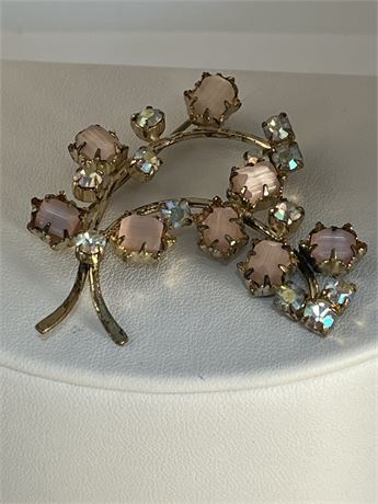 Pink and clear rhinestones brooch