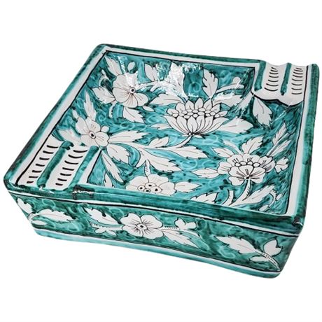 Vintage Italian Deruta Teal Majolica Large Square Floral Ceramic Ashtray