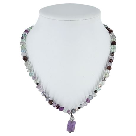 Artisan Made Fluorite, Amethyst, Pearl, & Gemstone Bead Necklace