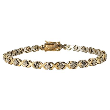 Signed FAS Gold Over Sterling Silver XO Tennis Bracelet w/ 6 Diamond Chips
