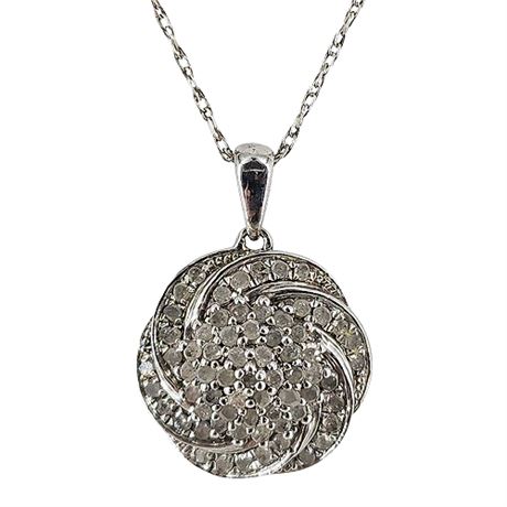 Sterling Silver Genuine Diamond Pave Rose Swirl Pendant Necklace