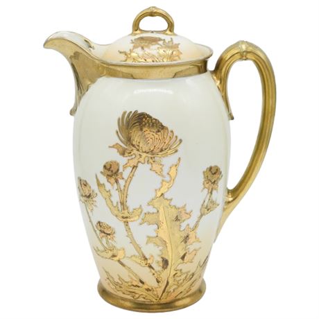 Antique Moritz & Zdekauer Austria Gilded Chrysanthemum Porcelain Coffee Pot
