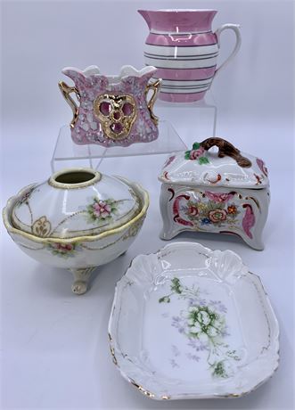 5 Antique to Vintage Porcelain Toilette Accessories: Hair Receiver, Soap Dish