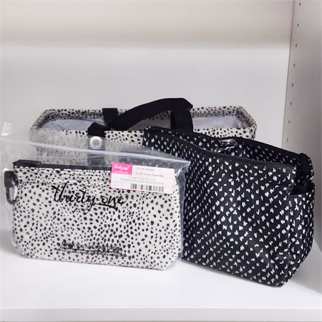 Lot of 3 Thirty-One Various Small Black & White Bags/Totes, One NEW